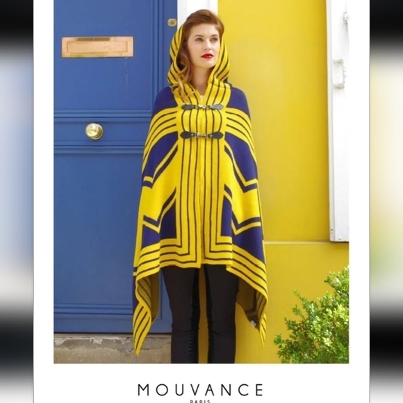 mouvance paris Jackets & Blazers - Mouvance Paris Nuuk Hooded Cape Yellow Purple Geometric Graphic Poncho One Size
